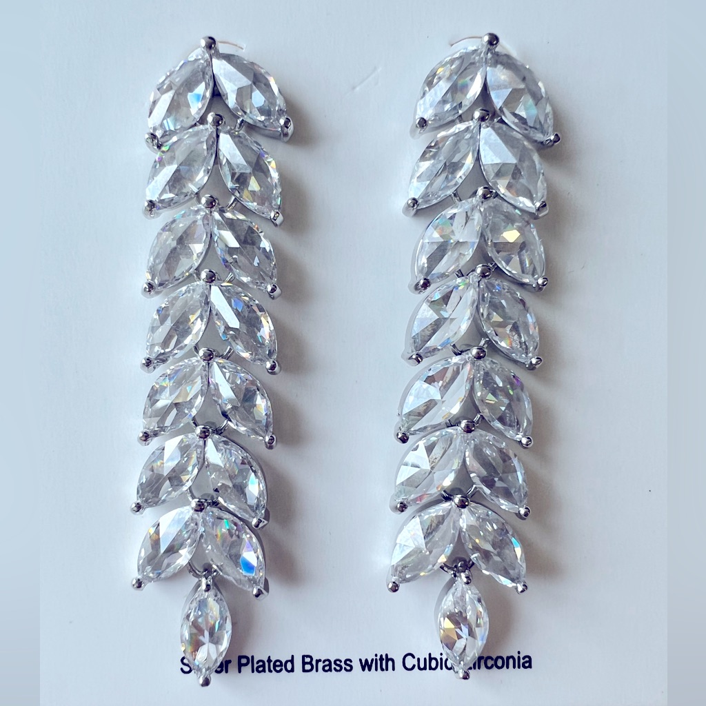 Nwt Gemelli Silver Plated Brass Cubic Zirconia Leaf Dangle Drop Earrings